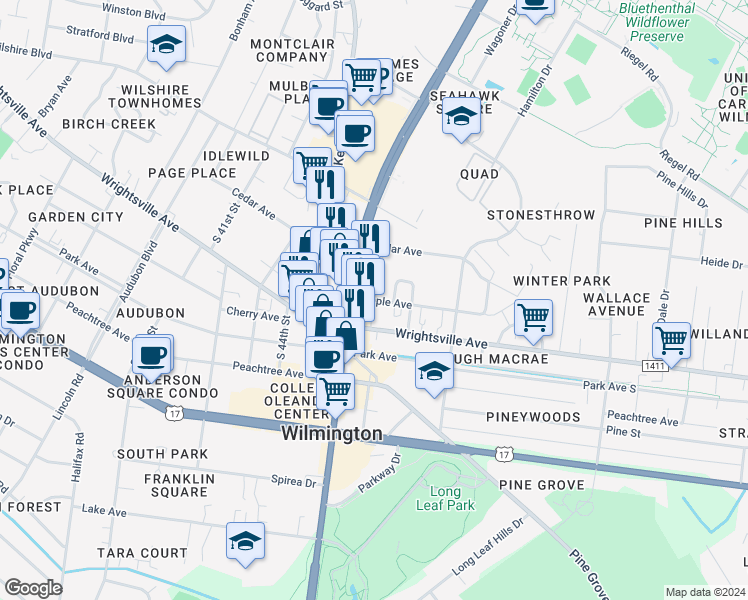 map of restaurants, bars, coffee shops, grocery stores, and more near 4678 Maple Avenue in Wilmington