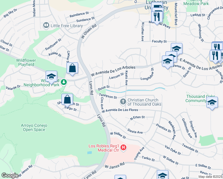 map of restaurants, bars, coffee shops, grocery stores, and more near 2180 Sirius Street in Thousand Oaks