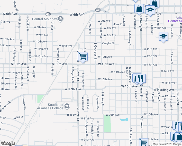 map of restaurants, bars, coffee shops, grocery stores, and more near 1400 South Cypress Street in Pine Bluff