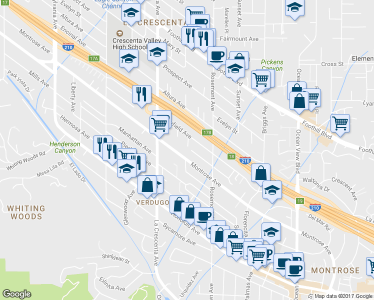 map of restaurants, bars, coffee shops, grocery stores, and more near 2705 Montrose Avenue in Glendale