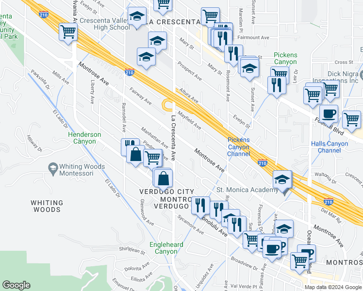 map of restaurants, bars, coffee shops, grocery stores, and more near 2738 Montrose Avenue in Glendale