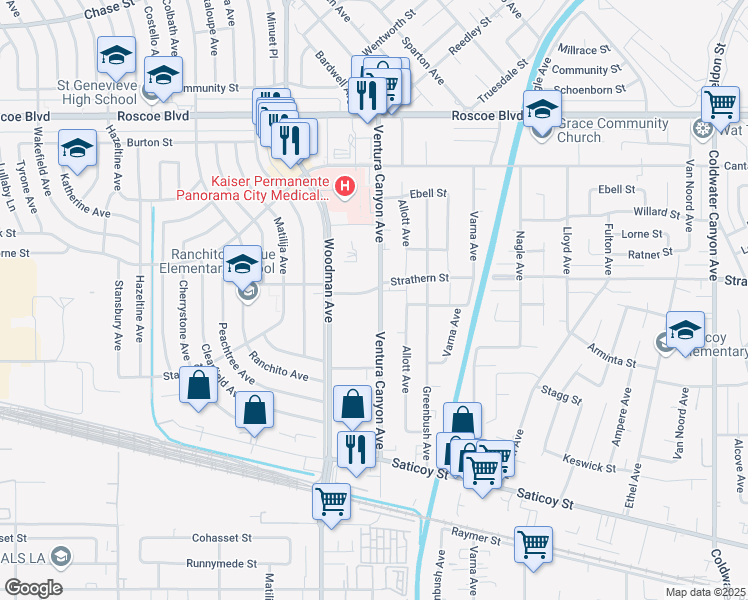 map of restaurants, bars, coffee shops, grocery stores, and more near 7934 Woodman Avenue in Los Angeles