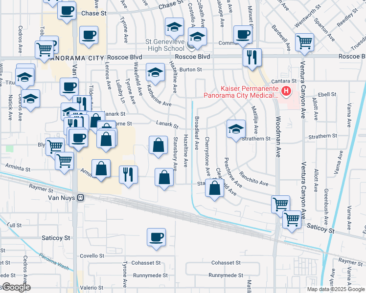 map of restaurants, bars, coffee shops, grocery stores, and more near 7929 Stansbury Avenue in Los Angeles