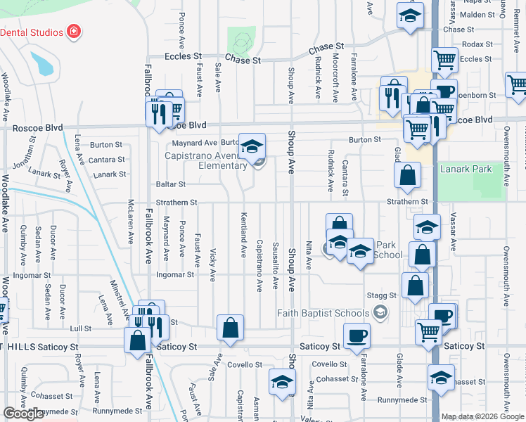 map of restaurants, bars, coffee shops, grocery stores, and more near 7945 Capistrano Avenue in Los Angeles