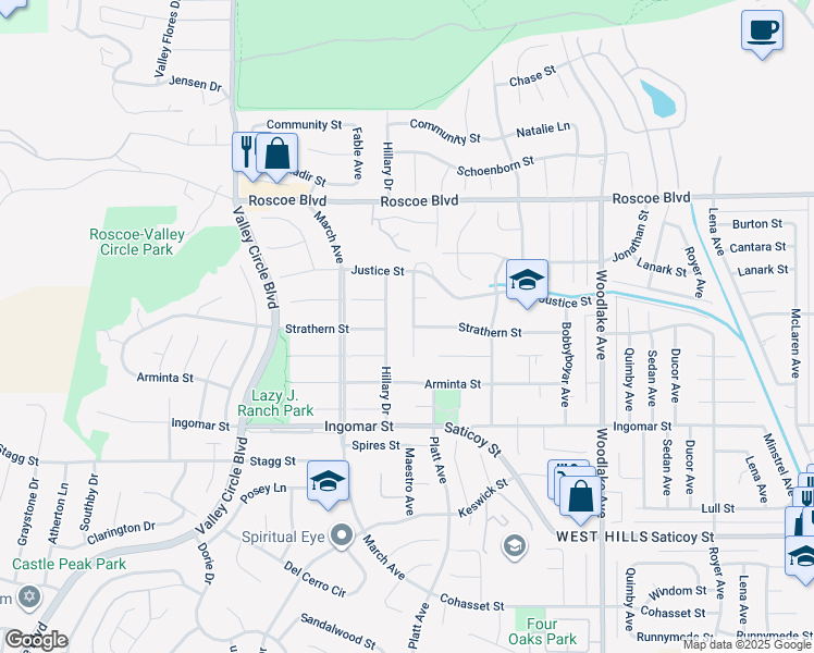 map of restaurants, bars, coffee shops, grocery stores, and more near 7954 Maestro Avenue in Los Angeles