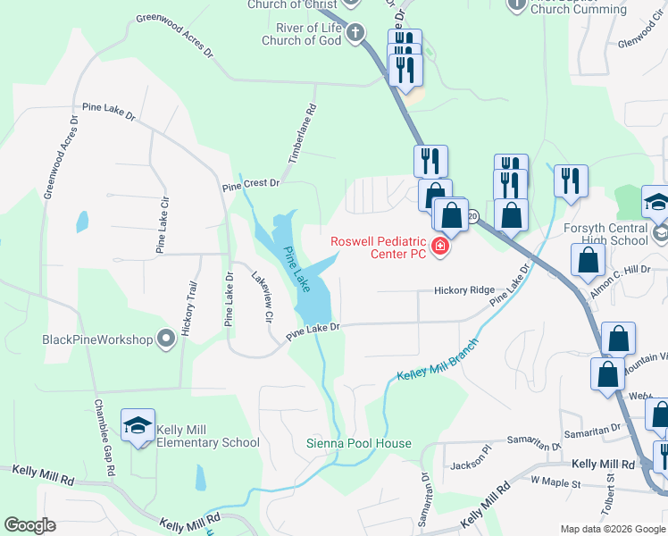 map of restaurants, bars, coffee shops, grocery stores, and more near 107 Sonnet Drive in Cumming