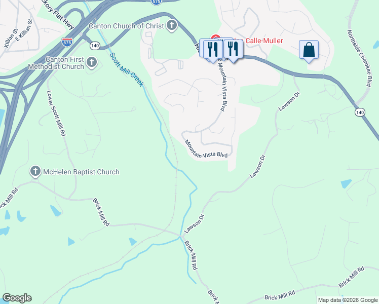 map of restaurants, bars, coffee shops, grocery stores, and more near 198 Mountain Vista Boulevard in Canton