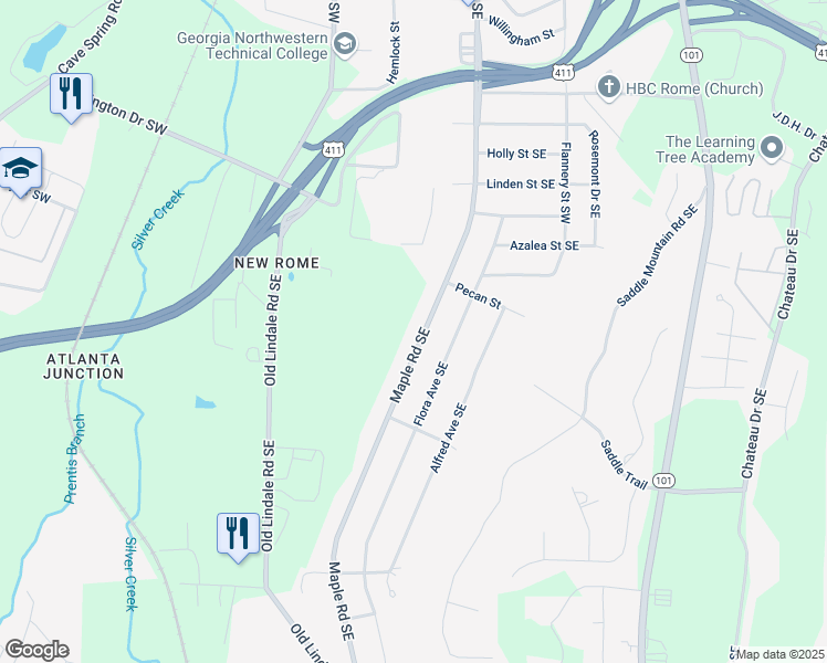 map of restaurants, bars, coffee shops, grocery stores, and more near 2700 Maple Road Southeast in Rome