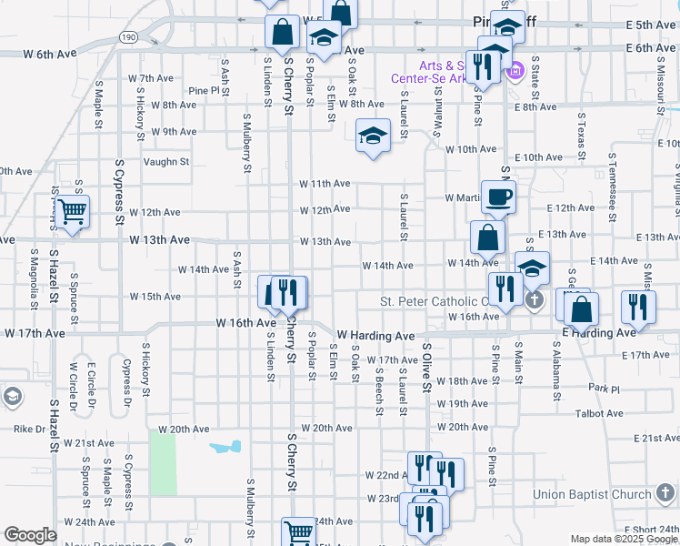 map of restaurants, bars, coffee shops, grocery stores, and more near 1400 South Elm Street in Pine Bluff