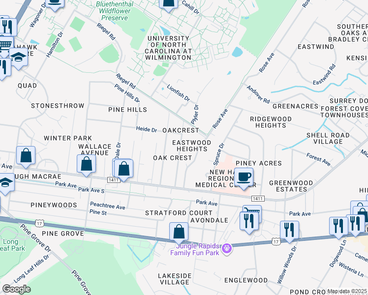 map of restaurants, bars, coffee shops, grocery stores, and more near 230 Oakcrest Drive in Wilmington