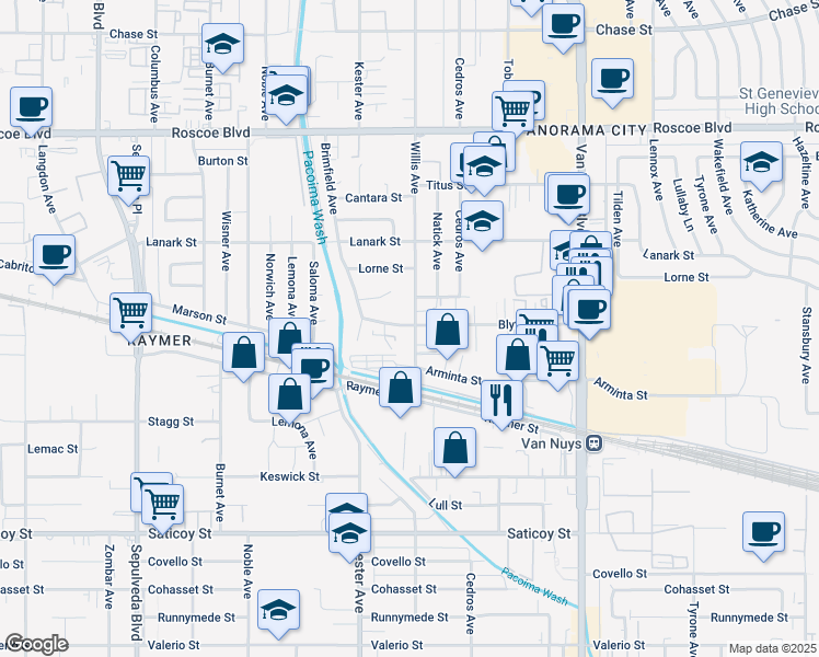 map of restaurants, bars, coffee shops, grocery stores, and more near 14752 Blythe Street in Los Angeles