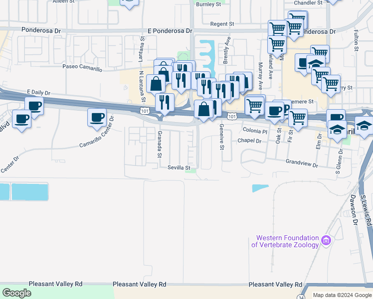 map of restaurants, bars, coffee shops, grocery stores, and more near 149 Paseo Loma in Camarillo