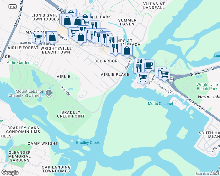 map of restaurants, bars, coffee shops, grocery stores, and more near 662 Airlie Rd in Wilmington