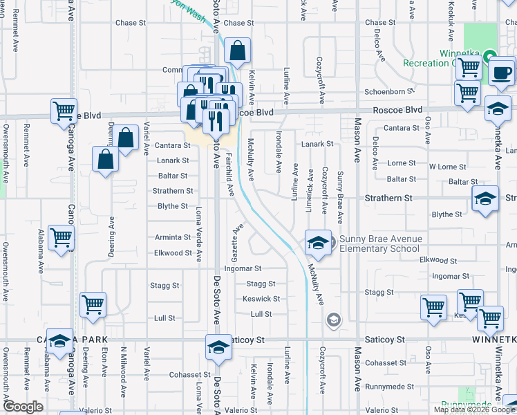 map of restaurants, bars, coffee shops, grocery stores, and more near 7971 McNulty Avenue in Los Angeles