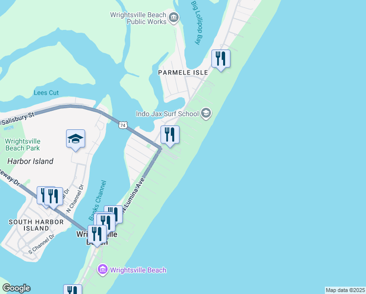 map of restaurants, bars, coffee shops, grocery stores, and more near 15 Seagull Street in Wrightsville Beach