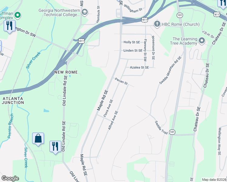 map of restaurants, bars, coffee shops, grocery stores, and more near 210 Flora Avenue Southeast in Rome