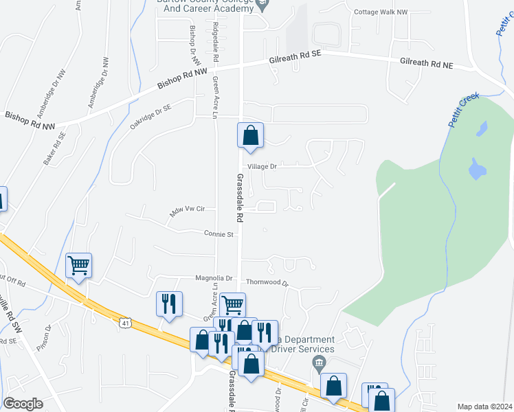 map of restaurants, bars, coffee shops, grocery stores, and more near 19 Crossfield Circle in Cartersville