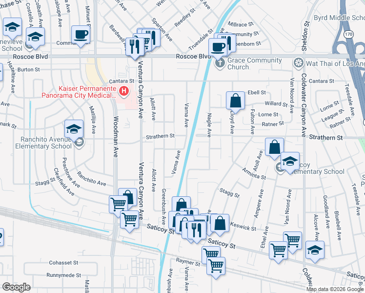 map of restaurants, bars, coffee shops, grocery stores, and more near 13403 Blythe Street in Los Angeles