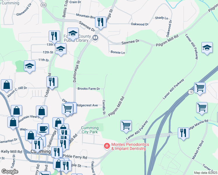 map of restaurants, bars, coffee shops, grocery stores, and more near 507 Pearl Street in Cumming