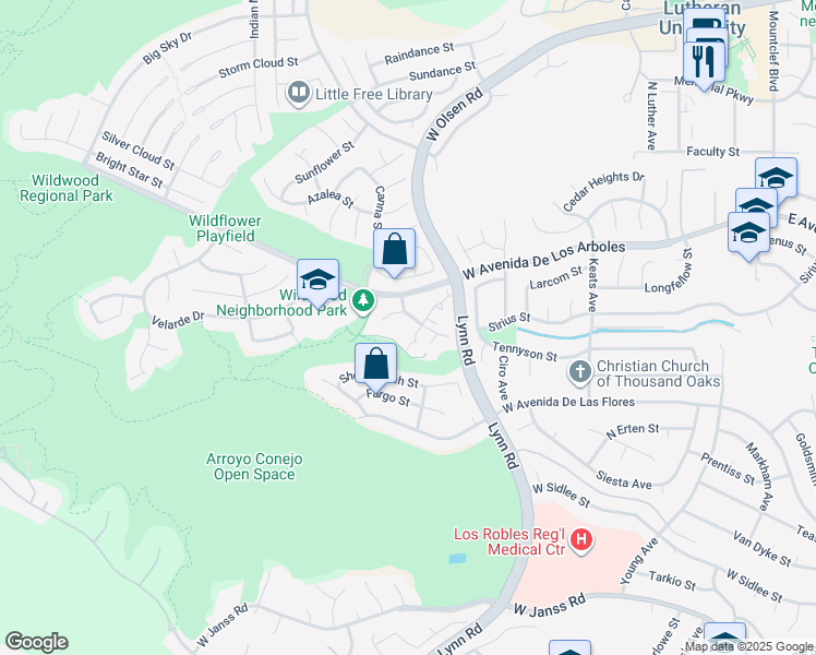 map of restaurants, bars, coffee shops, grocery stores, and more near 2639 La Paloma Circle in Thousand Oaks