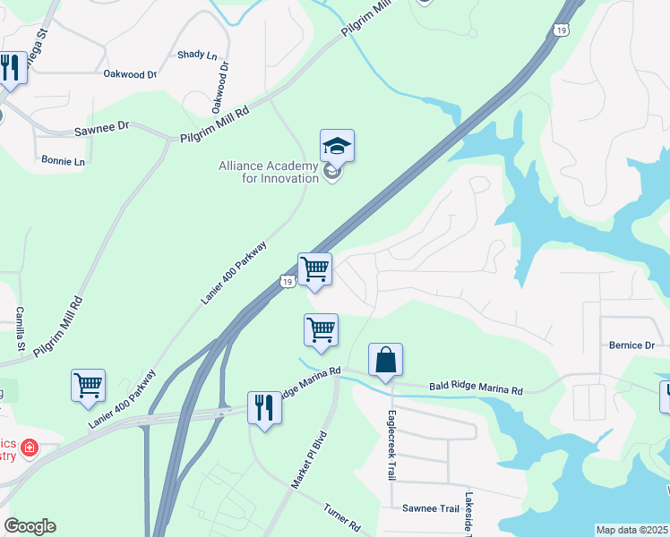 map of restaurants, bars, coffee shops, grocery stores, and more near 1358 Elderwood Way in Cumming