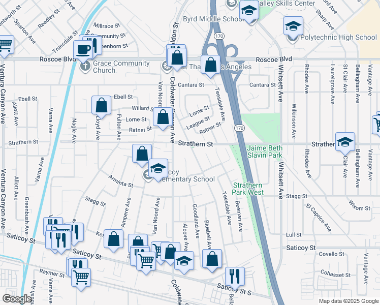 map of restaurants, bars, coffee shops, grocery stores, and more near 7945 Bellaire Avenue in Los Angeles