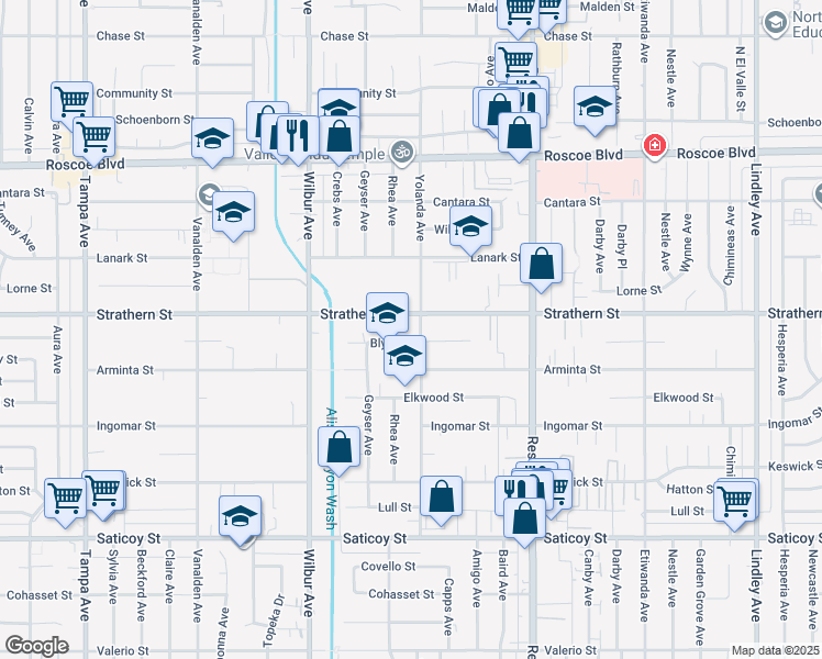 map of restaurants, bars, coffee shops, grocery stores, and more near 7941 Yolanda Avenue in Los Angeles