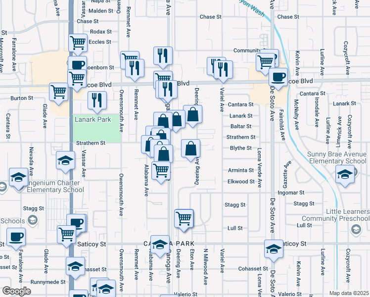 map of restaurants, bars, coffee shops, grocery stores, and more near 21251 Deering Court in Los Angeles