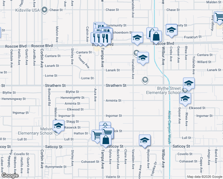map of restaurants, bars, coffee shops, grocery stores, and more near 19230 Strathern Street in Los Angeles