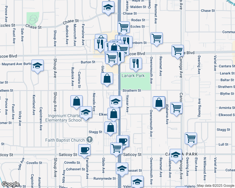 map of restaurants, bars, coffee shops, grocery stores, and more near 7945 Topanga Canyon Boulevard in Los Angeles