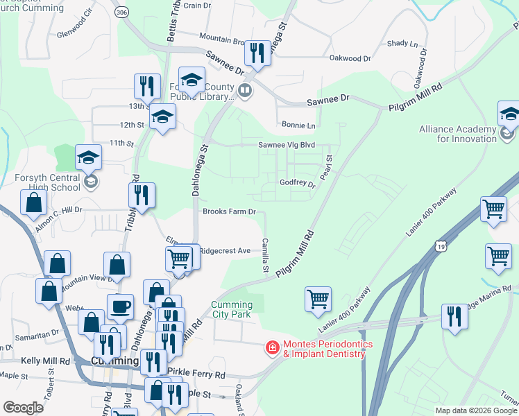 map of restaurants, bars, coffee shops, grocery stores, and more near 213 Camilla Street in Cumming