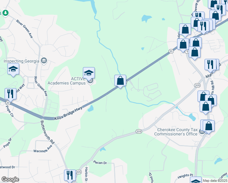 map of restaurants, bars, coffee shops, grocery stores, and more near 8896 Knox Bridge Highway in Canton