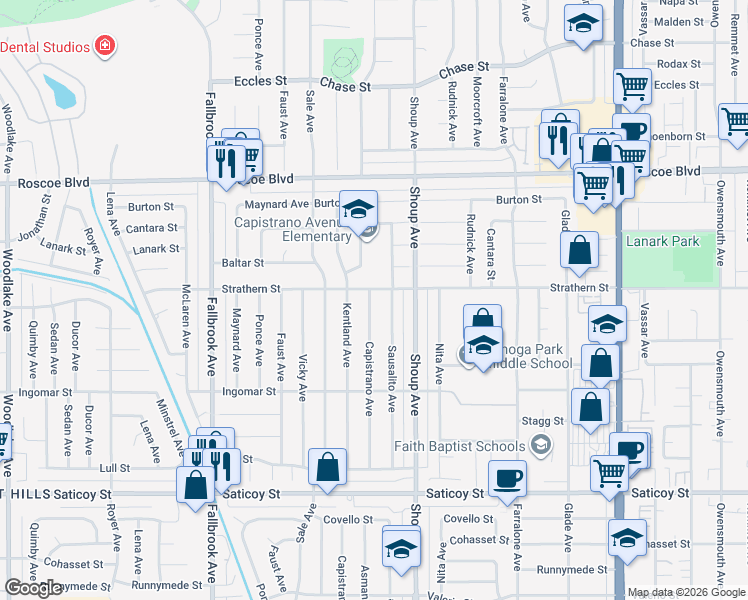map of restaurants, bars, coffee shops, grocery stores, and more near 7945 Capistrano Avenue in Los Angeles