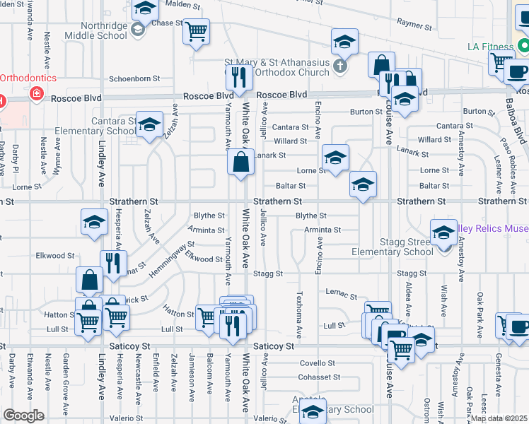 map of restaurants, bars, coffee shops, grocery stores, and more near 7914 Jellico Avenue in Los Angeles