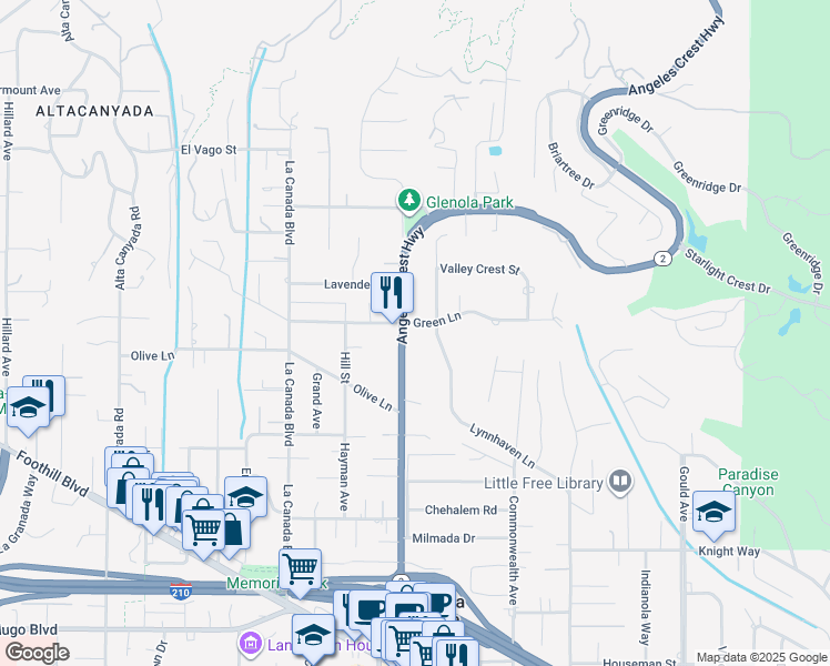 map of restaurants, bars, coffee shops, grocery stores, and more near 940 Green Lane in La Cañada Flintridge