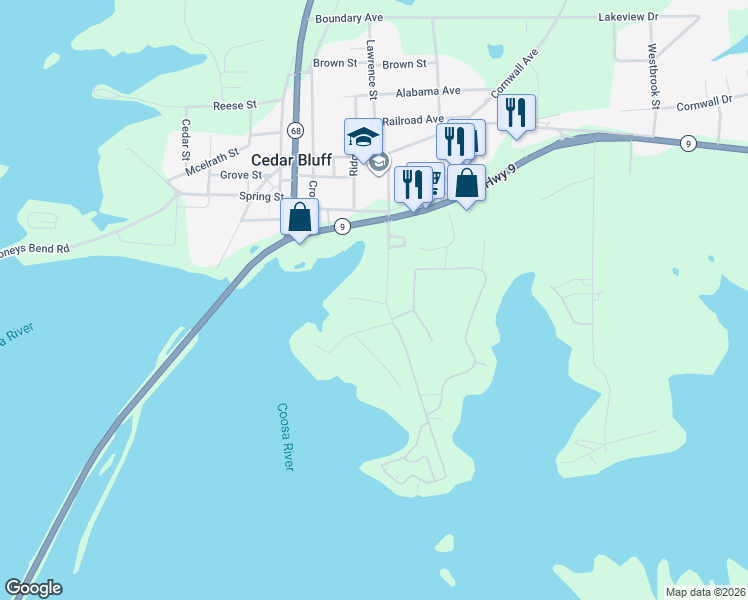 map of restaurants, bars, coffee shops, grocery stores, and more near 5160 Sewell Ferry Road in Cedar Bluff