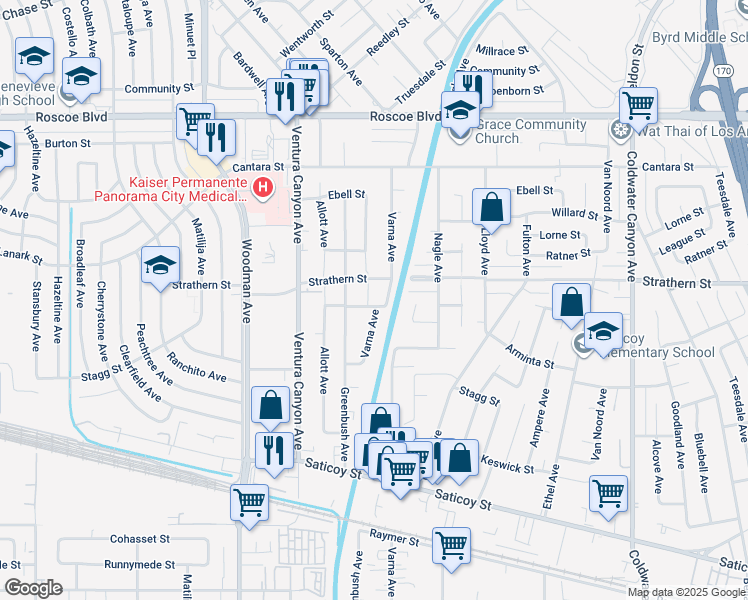 map of restaurants, bars, coffee shops, grocery stores, and more near 13415 Blythe Street in Los Angeles
