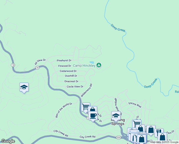 map of restaurants, bars, coffee shops, grocery stores, and more near 31583 Circle View Drive in Running Springs
