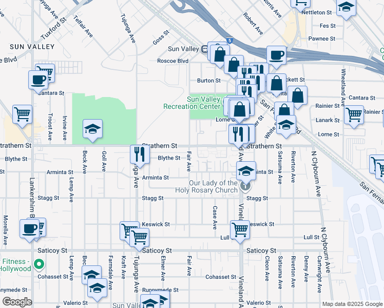 map of restaurants, bars, coffee shops, grocery stores, and more near 7940 Fair Avenue in Los Angeles