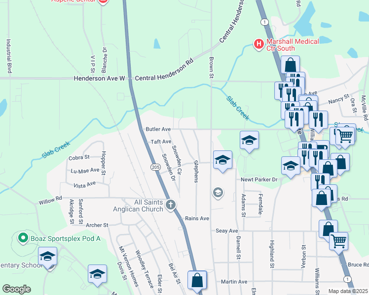 map of restaurants, bars, coffee shops, grocery stores, and more near 908 Stephens in Boaz