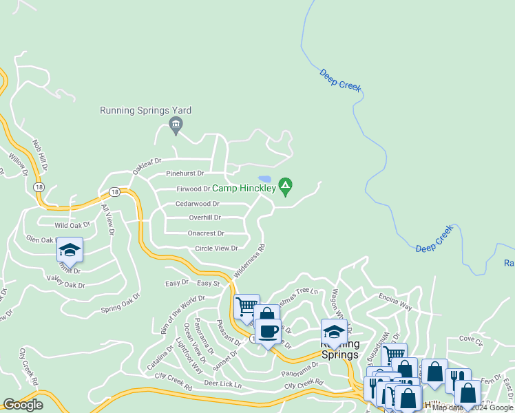 map of restaurants, bars, coffee shops, grocery stores, and more near 31583 Circle View Drive in Running Springs
