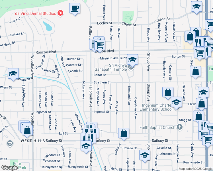 map of restaurants, bars, coffee shops, grocery stores, and more near 7943 Ponce Avenue in Los Angeles