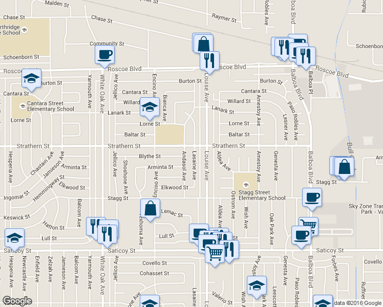 map of restaurants, bars, coffee shops, grocery stores, and more near 7943 Lasaine Avenue in Northridge
