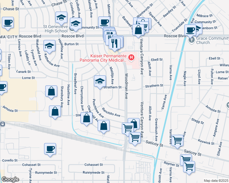 map of restaurants, bars, coffee shops, grocery stores, and more near 7930 Matilija Avenue in Los Angeles
