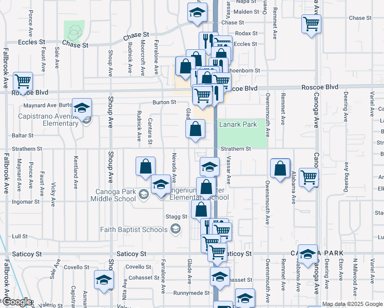map of restaurants, bars, coffee shops, grocery stores, and more near 7948 Glade Avenue in Los Angeles