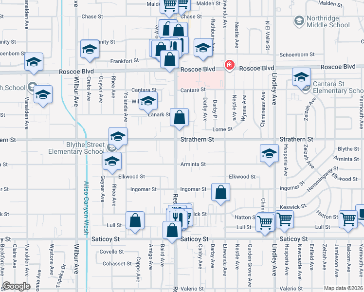 map of restaurants, bars, coffee shops, grocery stores, and more near 7940 Reseda Boulevard in Los Angeles