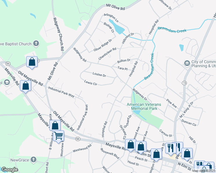 map of restaurants, bars, coffee shops, grocery stores, and more near 119 Lewis Circle in Commerce