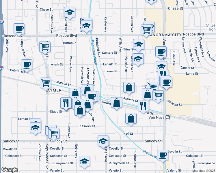 map of restaurants, bars, coffee shops, grocery stores, and more near 7932 Brimfield Avenue in Los Angeles