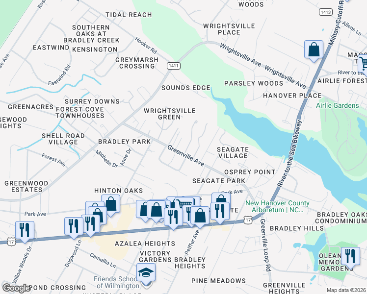 map of restaurants, bars, coffee shops, grocery stores, and more near 238 Greenville Avenue in Wilmington