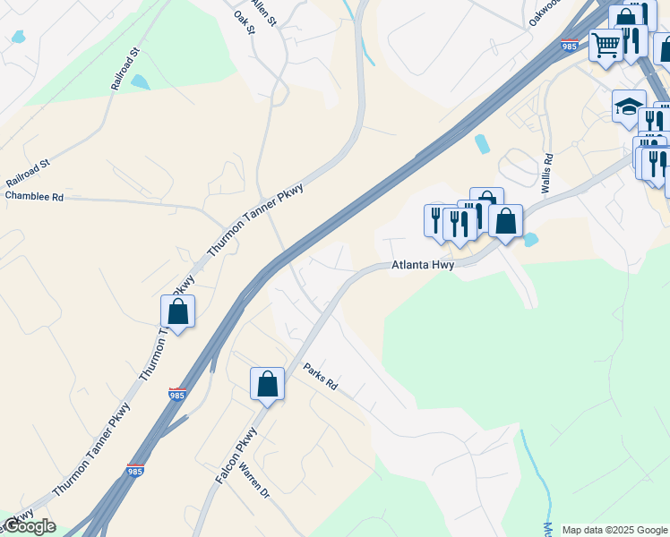 map of restaurants, bars, coffee shops, grocery stores, and more near 3734 Old Plainview Road in Flowery Branch